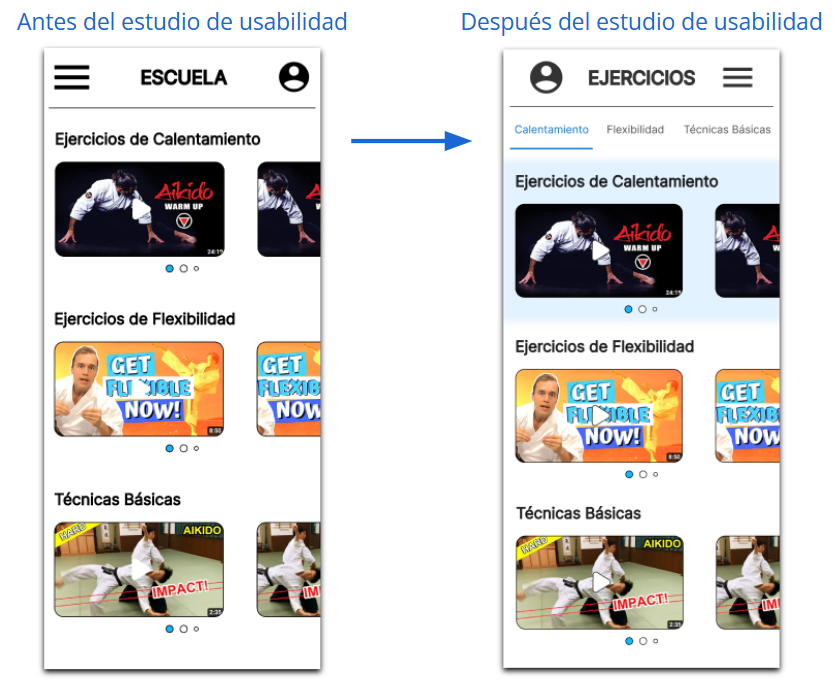 Se muestran los cambios realizados en el diseño en la web de aikido, destacando la inclusión de un menú de clasificación para los vídeos.