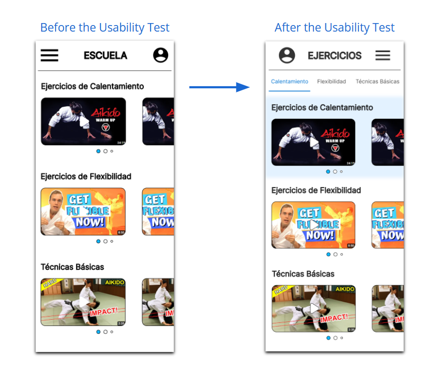 Se muestran los cambios realizados en el diseño en la web de aikido, destacando la inclusión de un menú de clasificación para los vídeos.