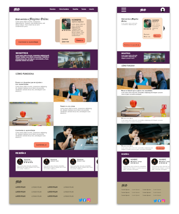 A la izquierda aparece el diseño de la página principal de la web de tutorías online para escritorio y a la derecha su versión móvil.