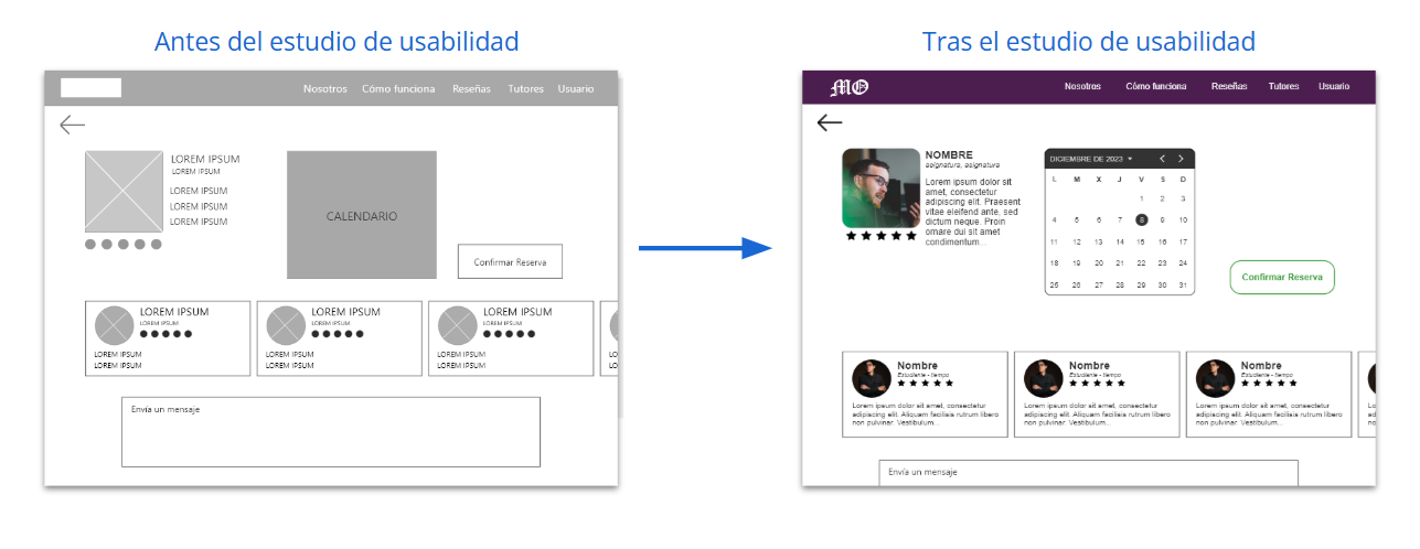 Se muestran los cambios realizados en la web de tutorías online tras el estudio de usabilidad.