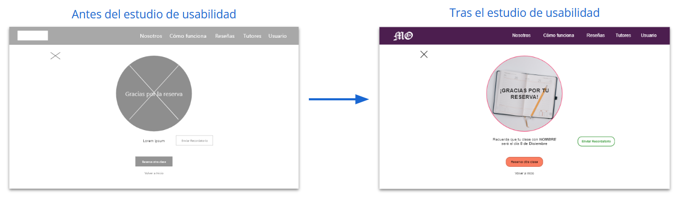 Se muestran los cambios realizados en la web de tutorías online tras el estudio de usabilidad.