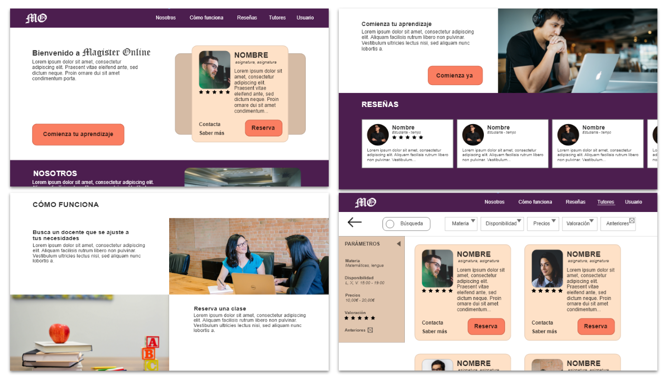 Muestra de distintas pantallas diseñadas para la web de tutorías online.